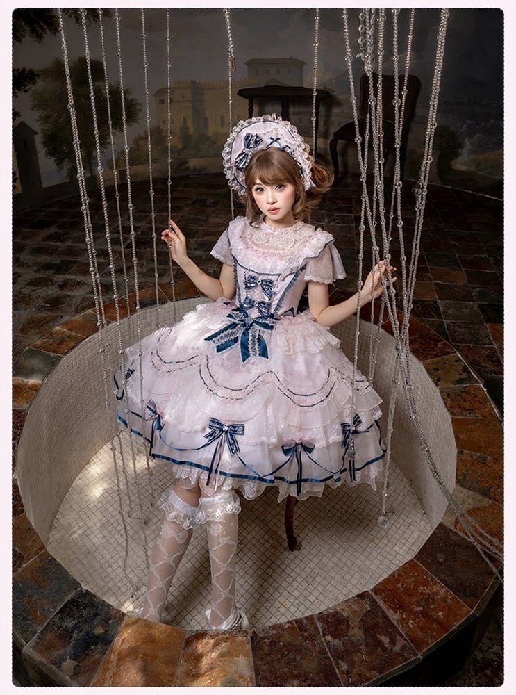 Sweet Bowknot & Embroidery JSK Dress with Lace Trim & Overlay - Mademoiselle Pearl