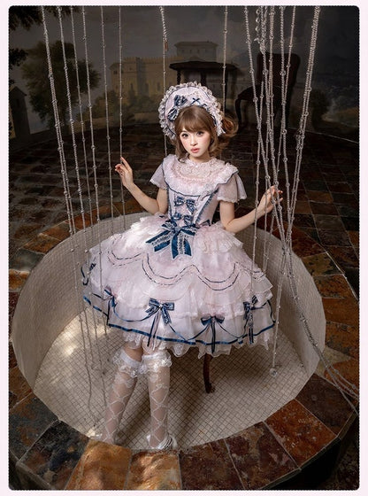 Sweet Bowknot & Embroidery JSK Dress with Lace Trim & Overlay - Mademoiselle Pearl