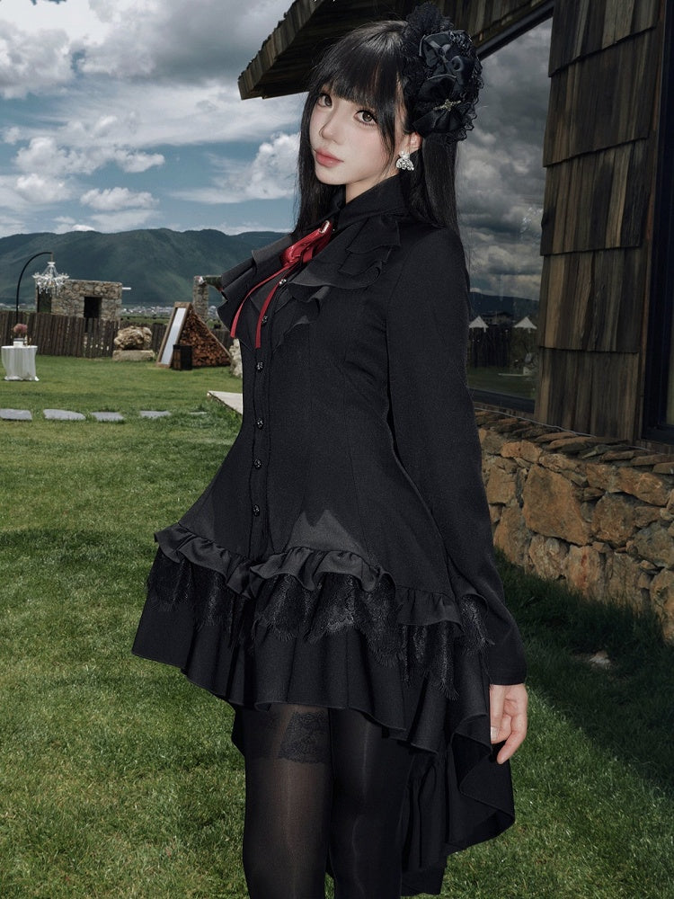 High-Low Ruffled Lolita Dress with Red Bow Tie, Long Sleeve Black for Autumn - muggle studio