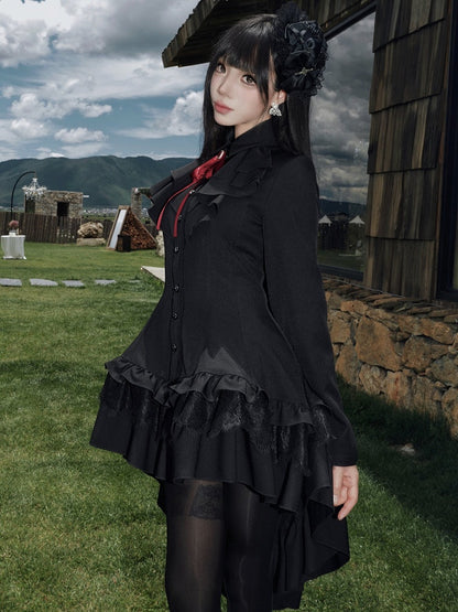High-Low Ruffled Lolita Dress with Red Bow Tie, Long Sleeve Black for Autumn - muggle studio