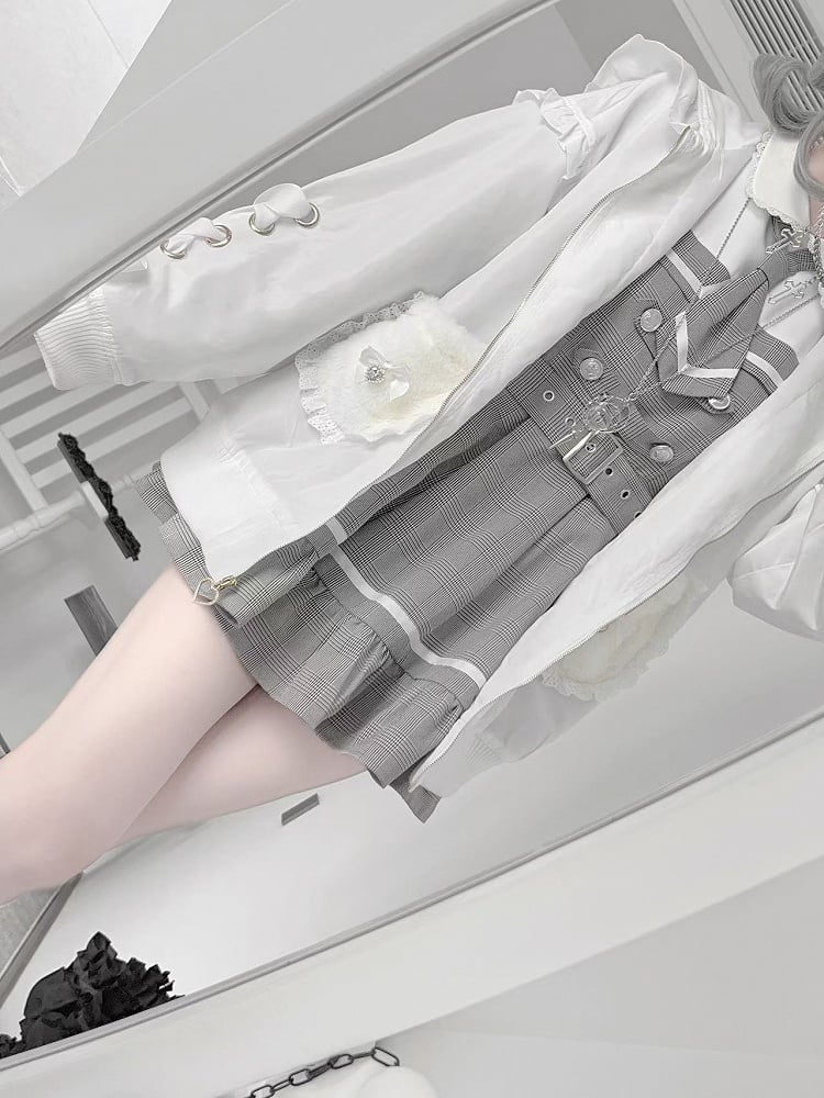 White Jirai Kei Plush Bunny Ear Jacket with Sleeve Lace-Up Detail & Decorative Crossed Pins Back