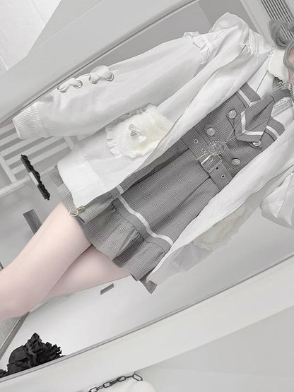 White Jirai Kei Plush Bunny Ear Jacket with Sleeve Lace-Up Detail & Decorative Crossed Pins Back