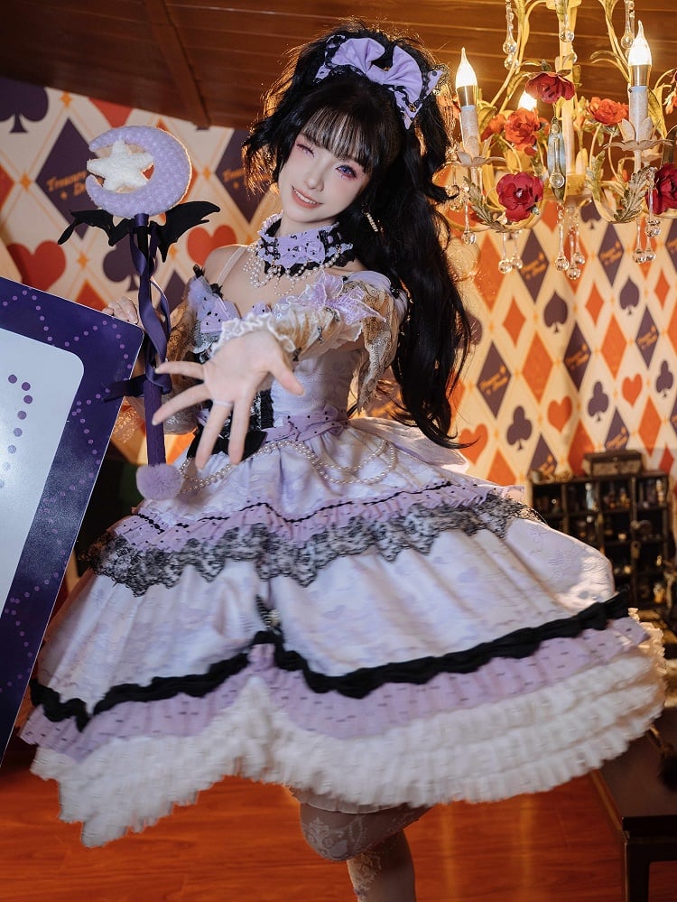 KC Wrist Cuffs Lolita Full Shoulder Choker Veil Set + Dress Mini Off Hime Purple Hat