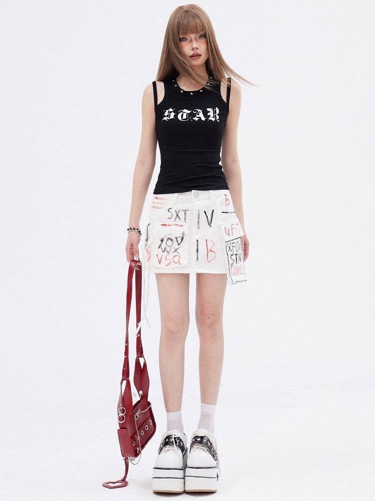 ブラックプリントデザイン ダブルショルダーストラップ ノースリーブトップス