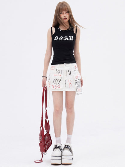 ブラックプリントデザイン ダブルショルダーストラップ ノースリーブトップス