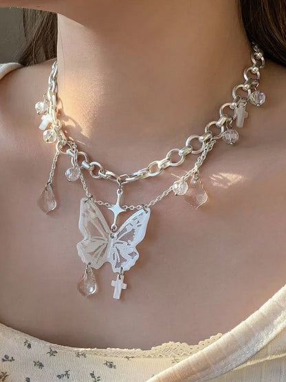 Y2K White Butterfly Beaded Cross Necklace - YSHXS