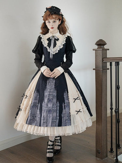 Print and Lolita Hem with Gothic Dress Black Beige Long-Sleeve Ruffled Church