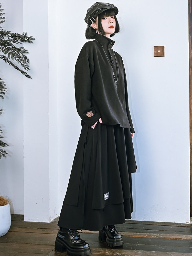 Long Sleeve Partial Placket - Gothic Black Neck Button Top Mock with Design
