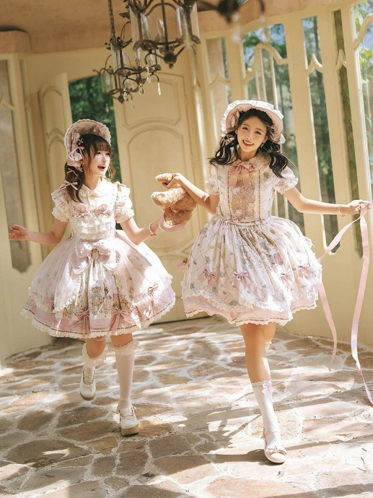 Sweet Lolita OP Dress Set with Puff Sleeves, Bear Print and Floral Embroidery - Treasure House