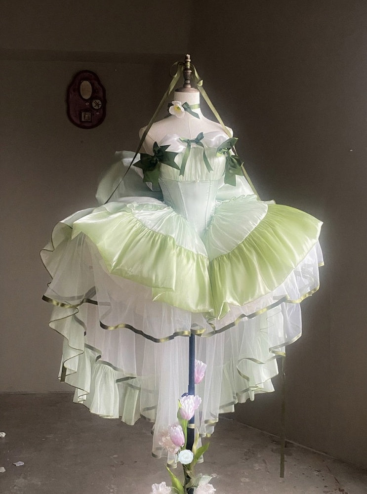 Green Balletcore Puffy Dress with Bow Accents - POSHEPOSE