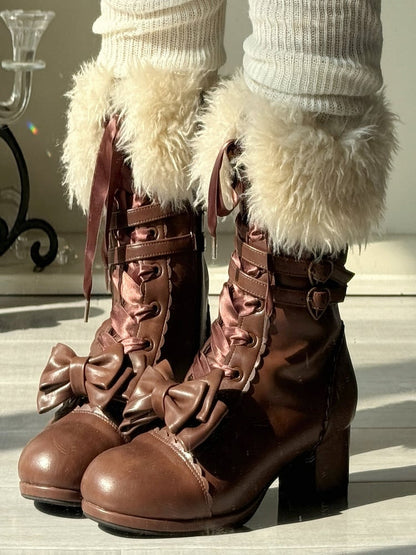 Bow Accents Boots - Mid-Calf Elegant Lolita Brown
