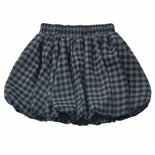 グレーのチェック柄、ウエストゴムのバブルスカート