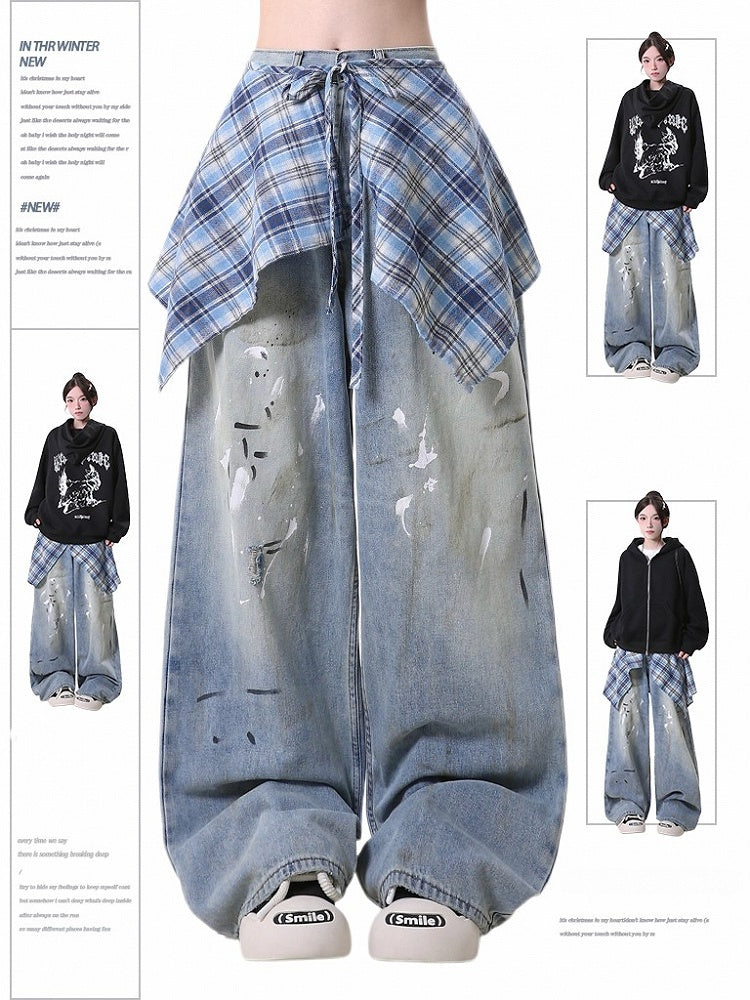 Handkerchief with Plaid Blue Hem Jeans Distressed Wide-Leg Detachable Skirt