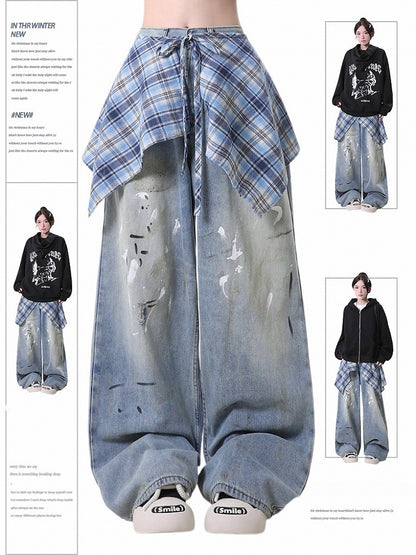 Handkerchief with Plaid Blue Hem Jeans Distressed Wide-Leg Detachable Skirt