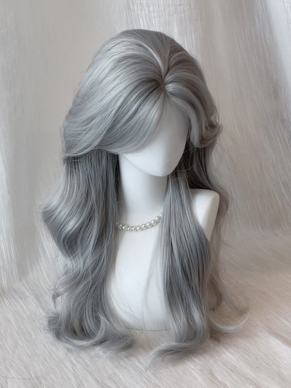 Wig Curtain Gray 68CM Smoky Wavy with Bangs