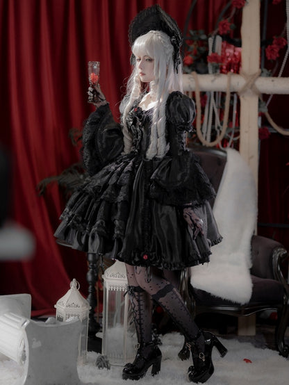 Kuro Kordelzugkleid Glockenärmel Rock Gothic Schwarz Bowknot Lolita Details und Lagen
