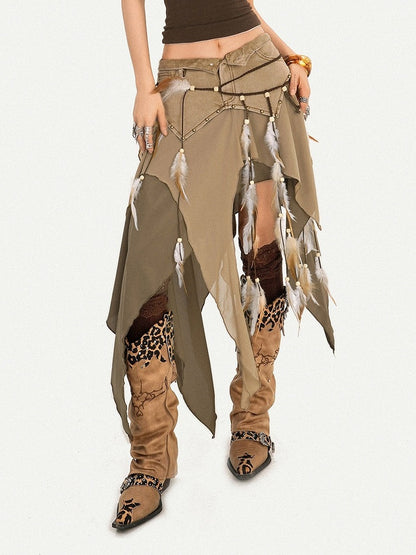 Vintage Brown Beaded Feather Waist Chain