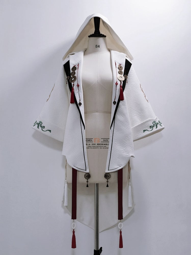 Top with Copper Hooded Ouji Charms Fashion and Chinoiserie Coin Jacquard Tassel White