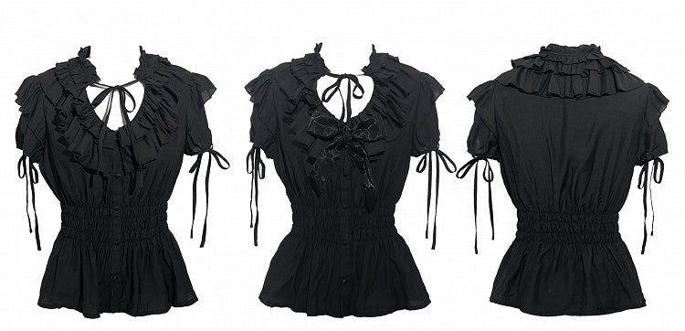 Gothic Layered Neckline Lolita Black with Waist Ruffles Blouse Elastic Smocked
