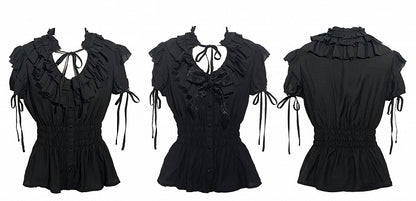 Gothic Layered Neckline Lolita Black with Waist Ruffles Blouse Elastic Smocked
