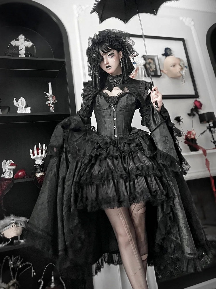 Kuro Gothic Lolita Full Set with Boned Corset Top, Skirt, Collar, Bell Sleeves and Accessories in All Black - Somnium Isle