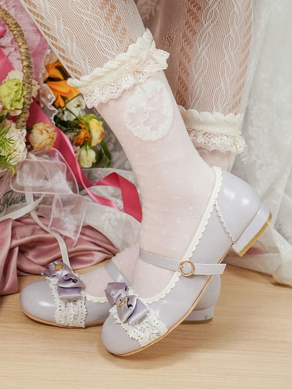 Low-Heel Purple Sophisticated Lolita Shoes - Ornate Heart Bow with Delicate Lace & Scalloped Hemline