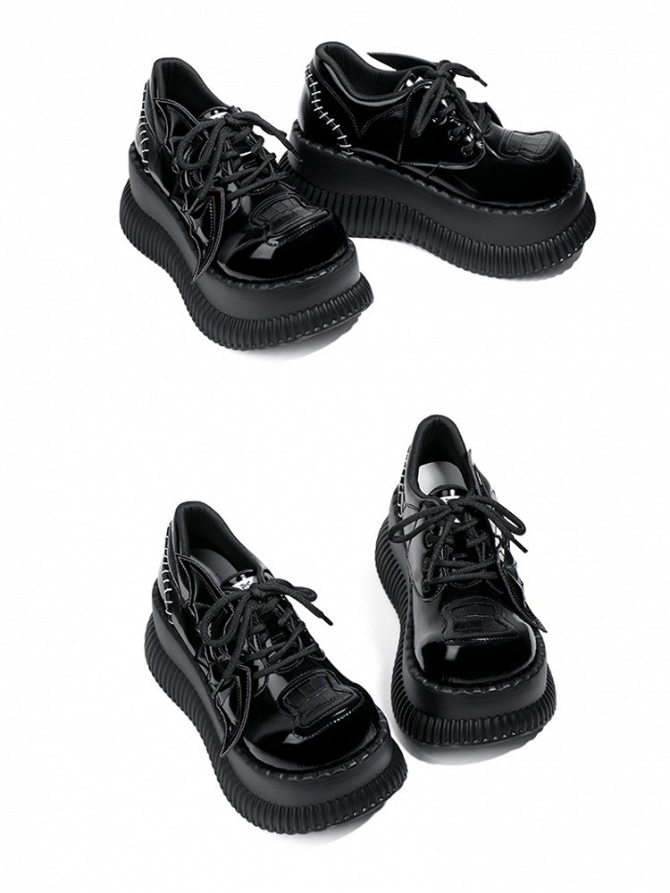 - Bat Wing Platform Details Back Lace-Up Design Accents Bittersweet Black Stitched Shoes with
