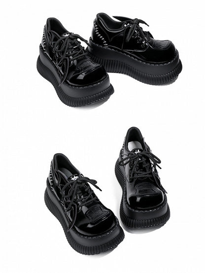 - Bat Wing Platform Details Back Lace-Up Design Accents Bittersweet Black Stitched Shoes with