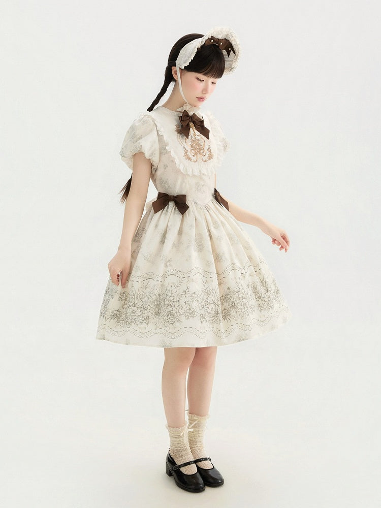 White and Piece Bodice Short Bowknot One Floral Embroidery Classic Version Lolita
