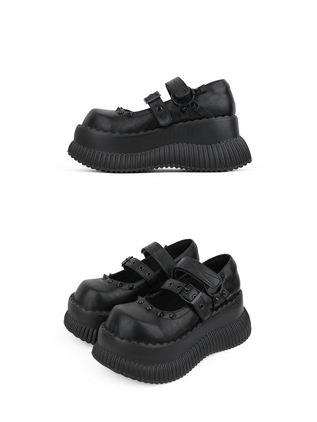Style Straps Jane Shoes Punk Details and Studs Mary in Black Velcro with Platform Buckle