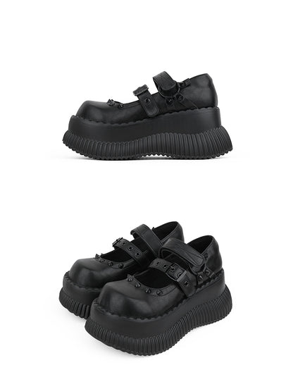 Style Straps Jane Shoes Punk Details and Studs Mary in Black Velcro with Platform Buckle