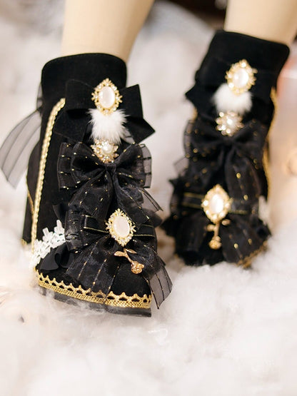 Black Lolita Boots with Round Crystal Accent - One Night Language