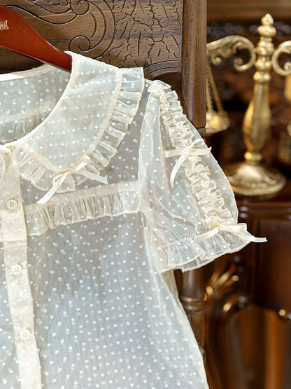 Apricot Peter Pan Collar Polka Dot Sheer Tulle Blouse - Dream Magic Box