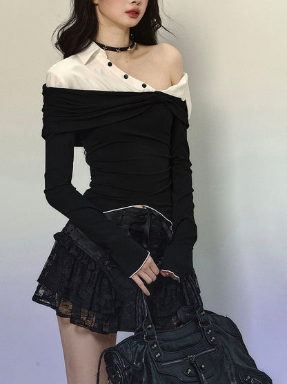 Black and White Fake Two-piece Asymmetrical Neckline Top