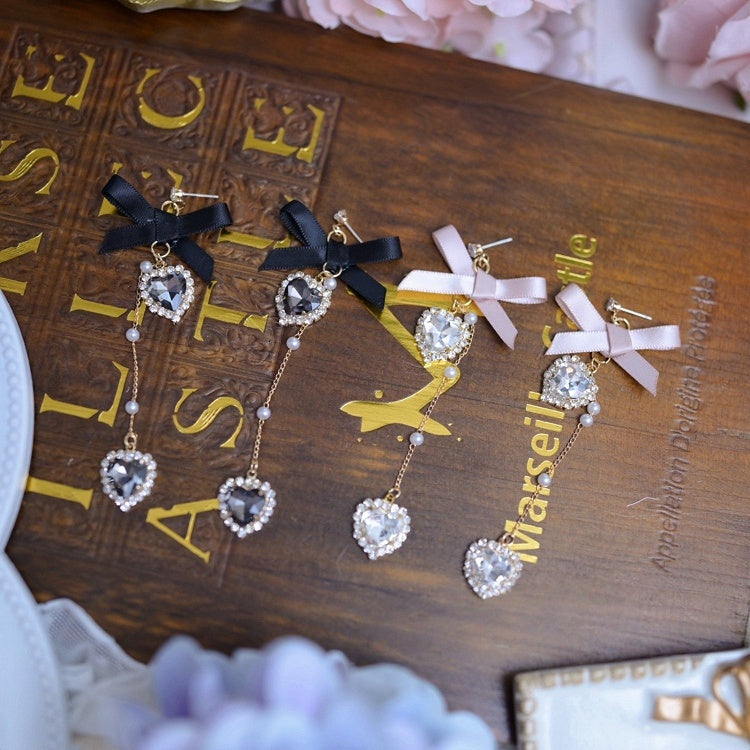 Beaded Bow Rhinestone Black/Dusty Kei Pink Earrings Jirai Chain