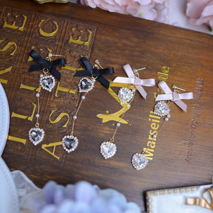 Beaded Bow Rhinestone Black/Dusty Kei Pink Earrings Jirai Chain