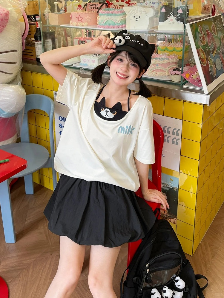 猫Tシャツ フェイクホワイト ホルターネック ツーピース