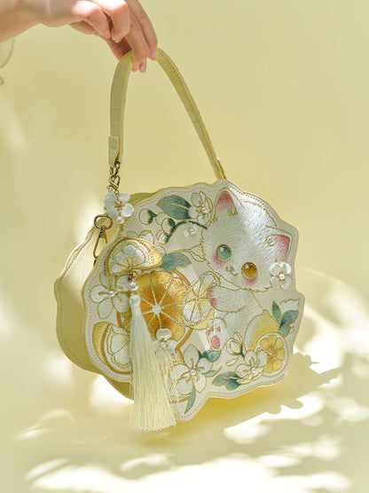 Kawaii Cat Lemon Embroidery Bag Pearl Chain - Miss Cat