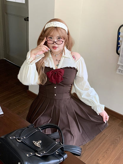 Bishop Dress Pleated Cutout Shoulder and Skirt / Sleeves Plus Size Black Brown with