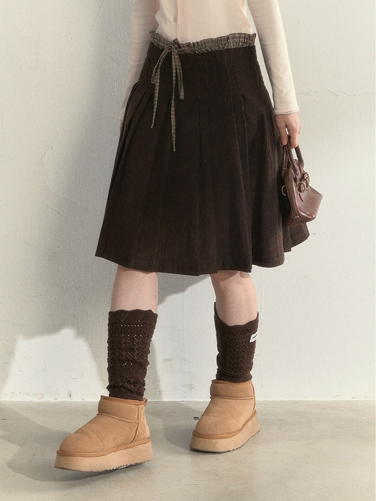 Pleated Waistband Brown Double Vintage Chestnut Skirt with