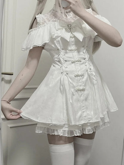 スタイルイリュージョン ボウタイ ミニドレスセット - ケイ チャイナドレス ホワイト + ショーツ ジライネックライン + ベルスリーブ