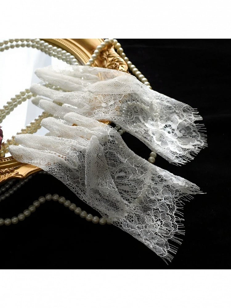 Short Lace Gloves with Floral Pattern in Two Shades - Mr. Cat