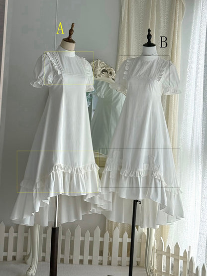 White Gothic Lolita High-Low Ruffled Dress with Cross Patches - Blossom Herald