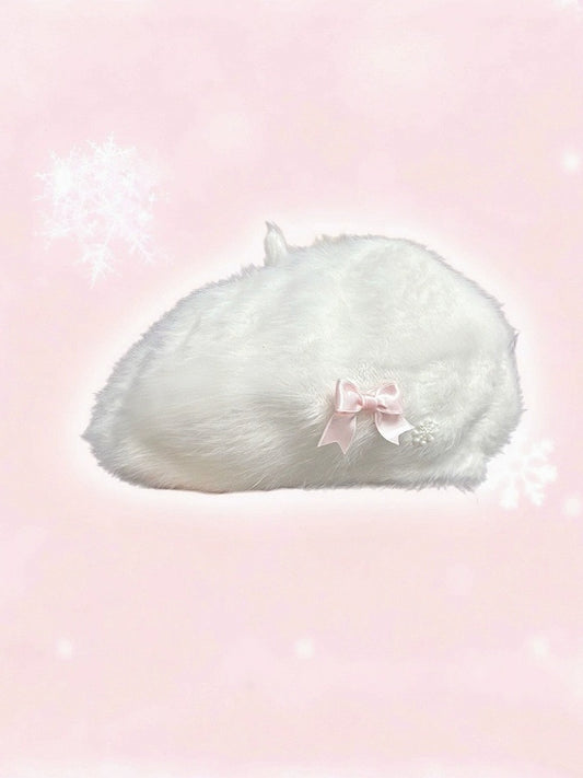 Snowy Plush Beret with Floral Bow Accents - IVONA boutique