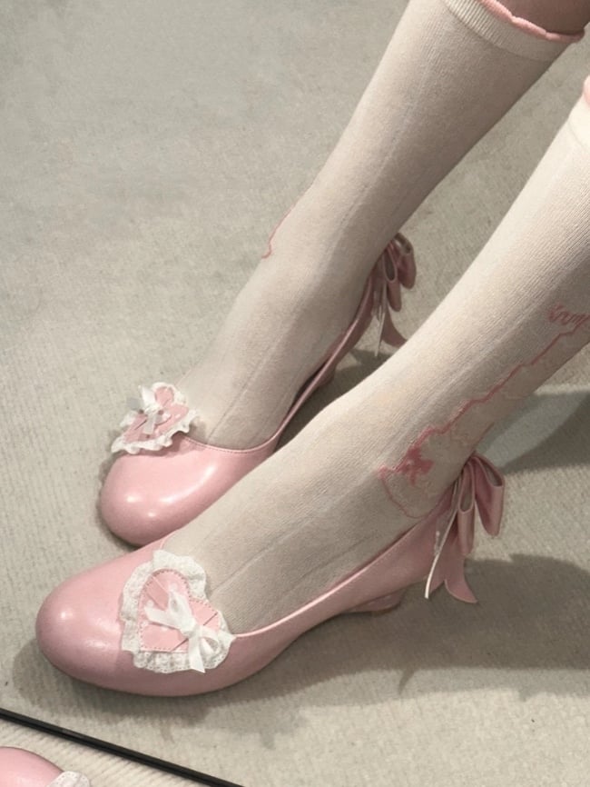 - Janes Heart Wedge Detachable Pink Mary Sweet PU Trimmed Lace Lolita