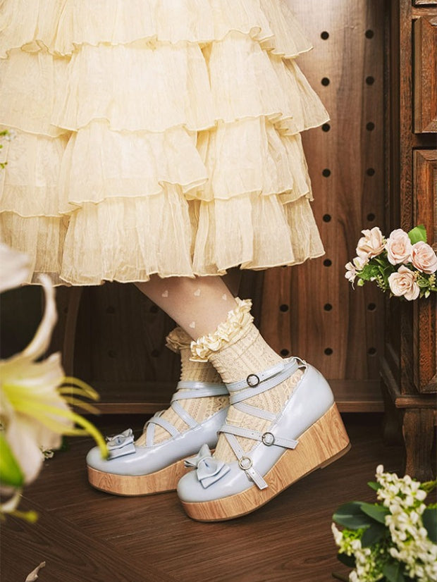 PU Shoes Design at Wedge Top Platform Bow Sweet Crisscross Blue Lolita with