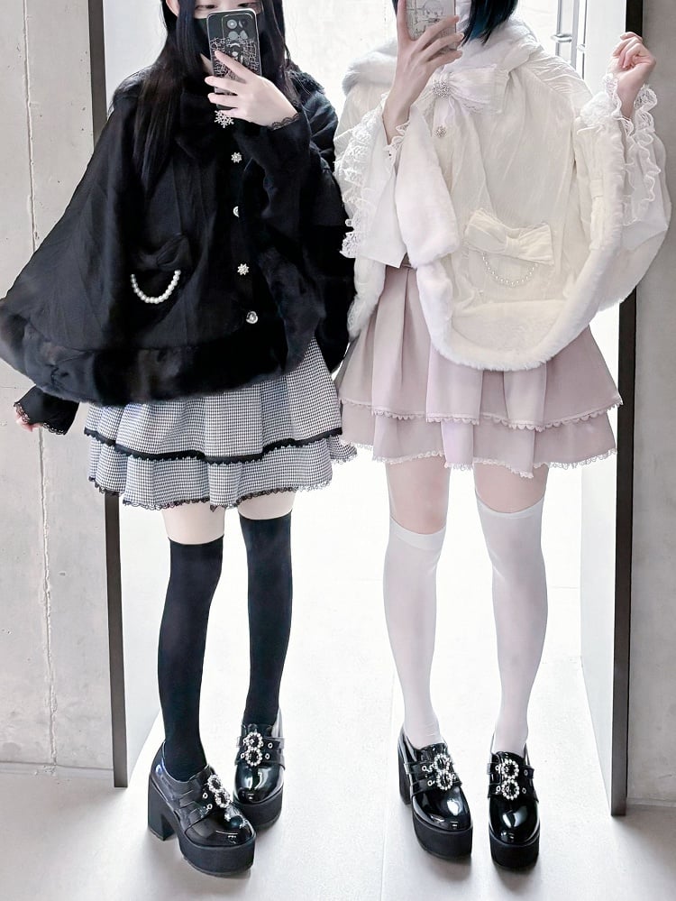 フード付きプラッシュケープデザイン ジライケイ ベージュ ウサギ耳 蝶結び 取り外し可能