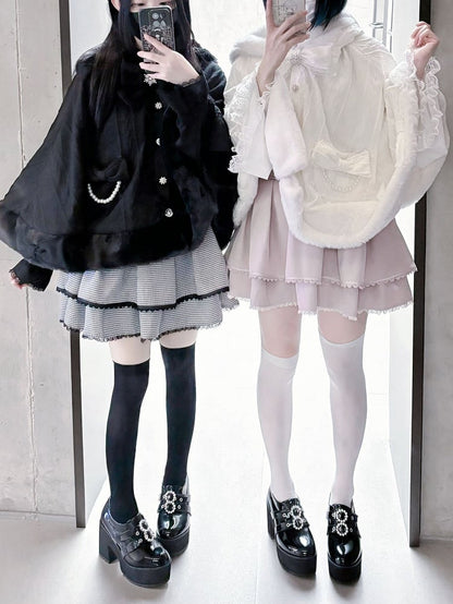 フード付きプラッシュケープデザイン ジライケイ ベージュ ウサギ耳 蝶結び 取り外し可能