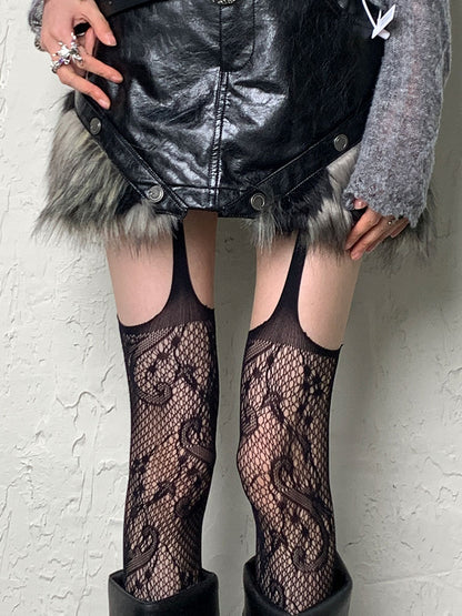 ダークゴシックブラックパンクホローアウトサスペンダータイツ