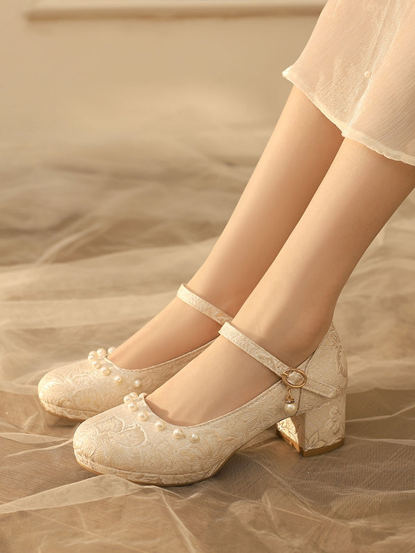 Beige Heels Pattern Lolita Floral Block Mid Details Beads Qi Satin -